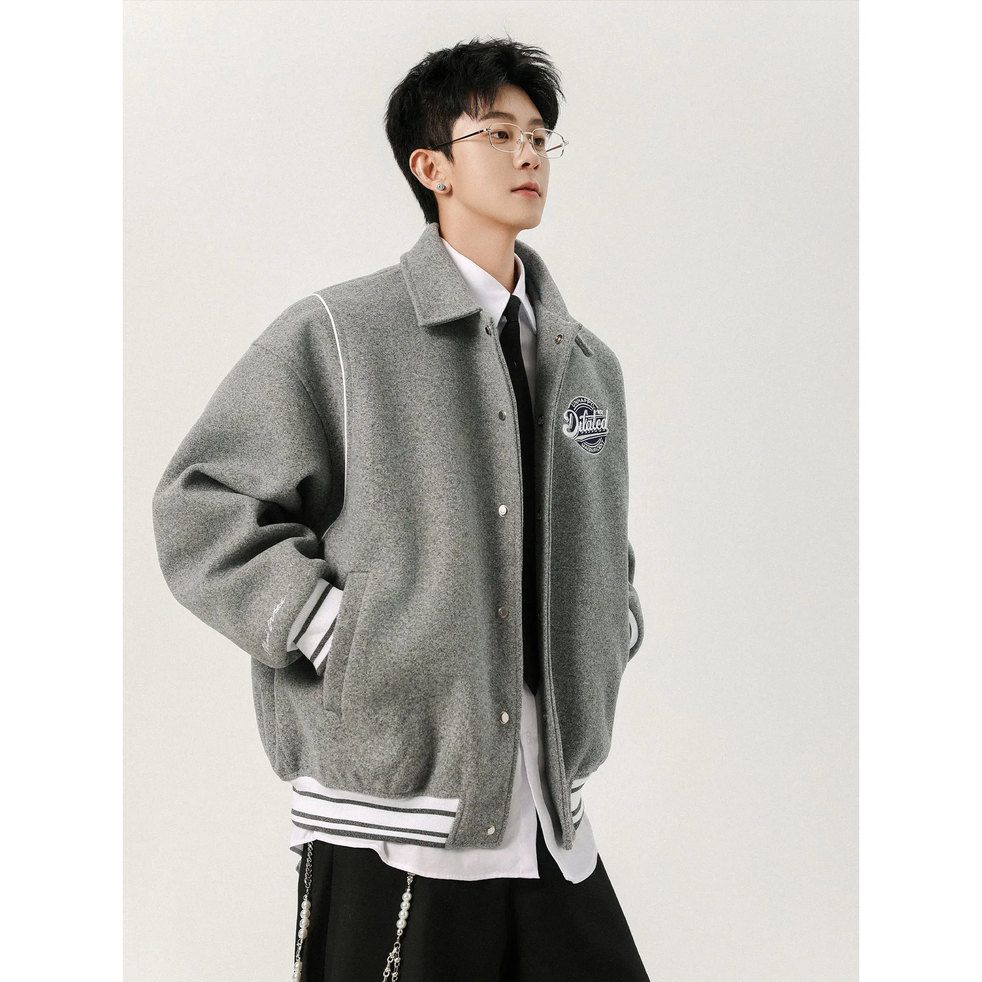 Men's casual patchwork vintage jacket in Flower Gray with stripes and stick pocket, loose fit