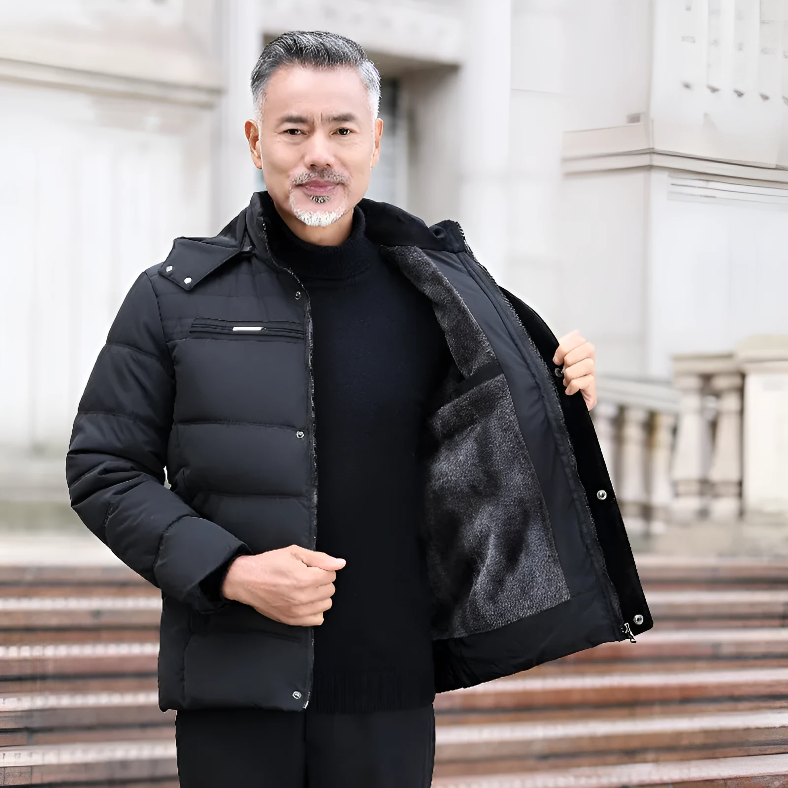 Winter fleece padded coat for elderly with detachable collar, black colour, available in sizes XL to 5XL