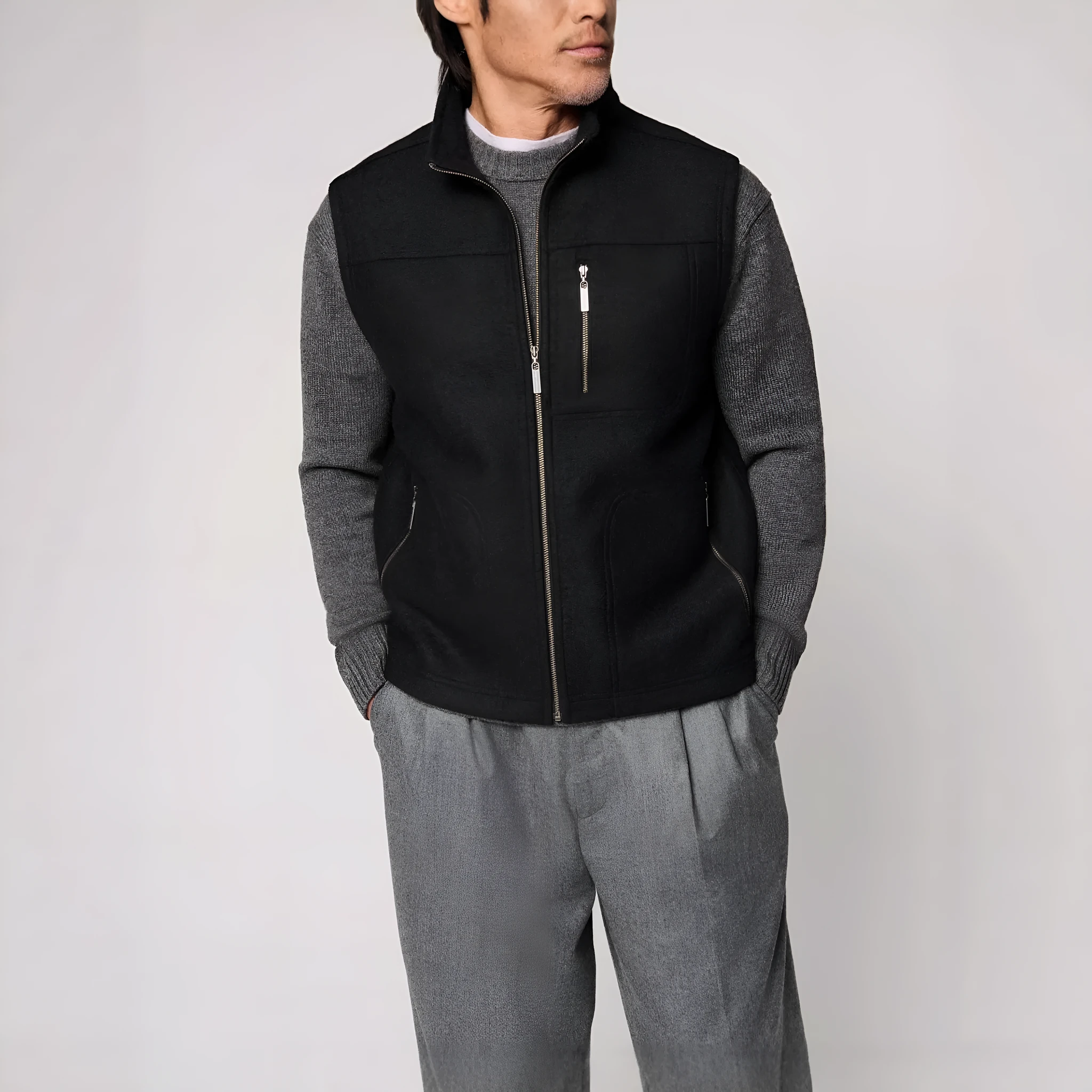 Men's fine autumn and winter blended thermal zipper vest in black, solid colour with zip front
