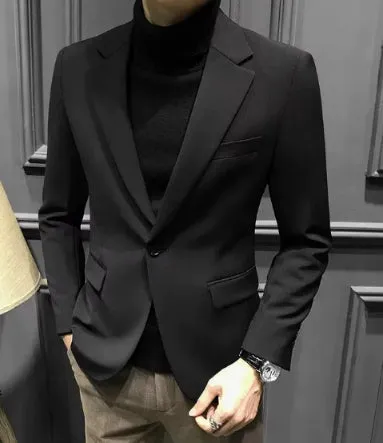 Korean slim business suit set with long-sleeve coat and trousers in black, slim fit polyester