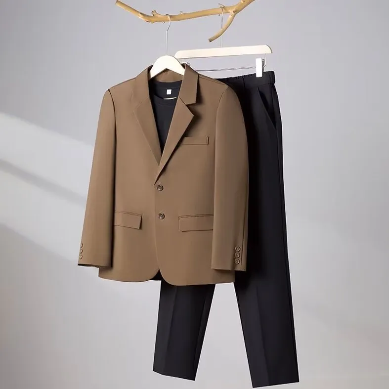 Korean slim business suit set with long-sleeve coat and trousers in black, slim fit polyester