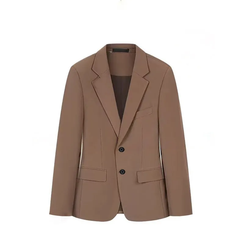 Korean slim business suit set with long-sleeve coat and trousers in black, slim fit polyester