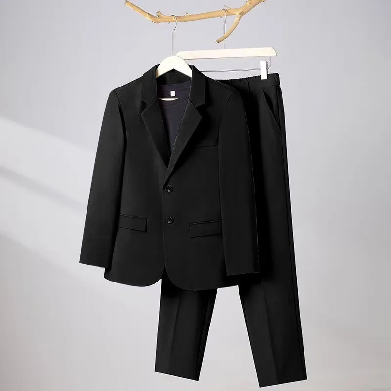 Korean slim business suit set with long-sleeve coat and trousers in black, slim fit polyester