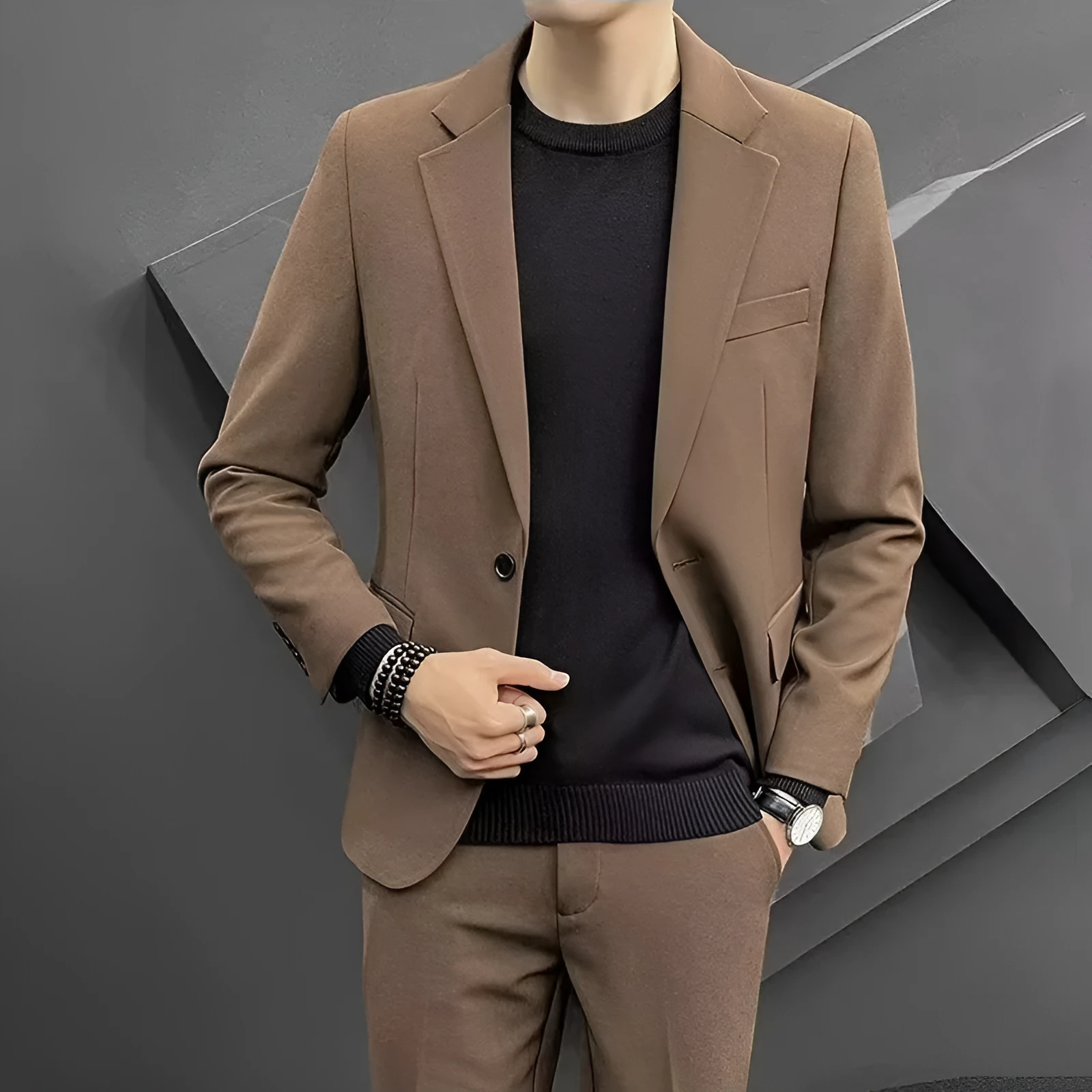 Korean slim business suit set with long-sleeve coat and trousers in black, slim fit polyester
