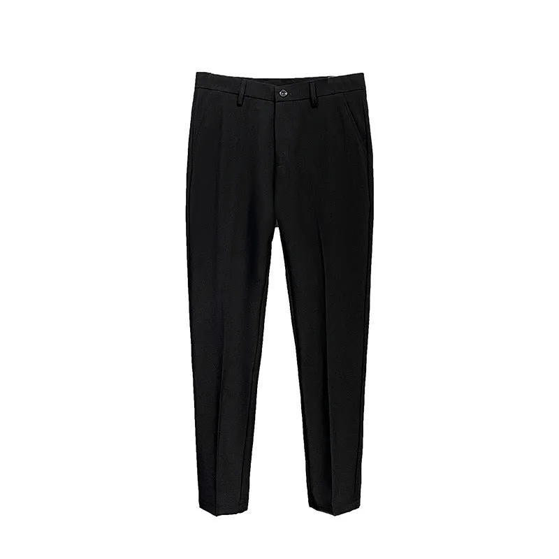 Korean slim business suit set with long-sleeve coat and trousers in black, slim fit polyester