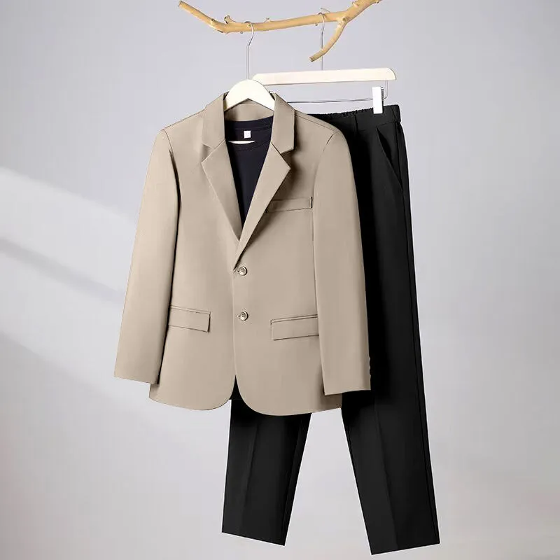 Korean slim business suit set with long-sleeve coat and trousers in black, slim fit polyester