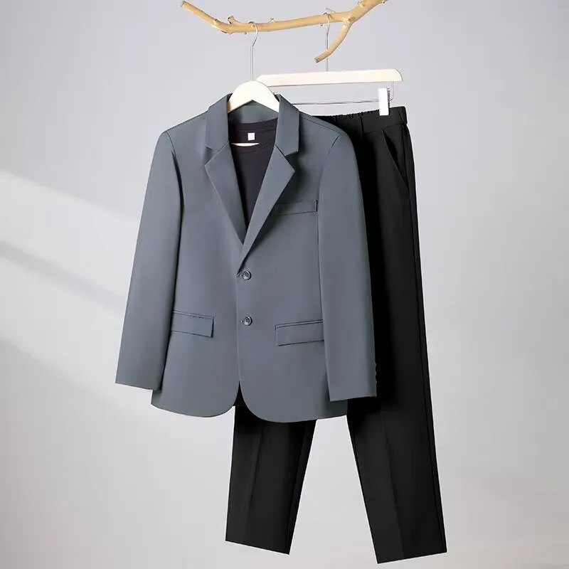 Korean slim business suit set with long-sleeve coat and trousers in black, slim fit polyester