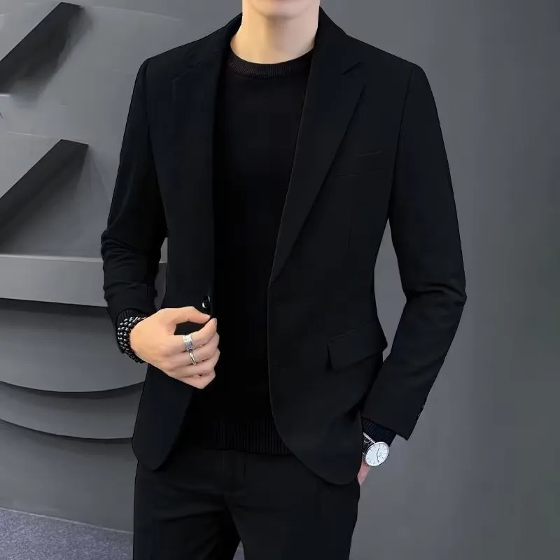 Korean slim business suit set with long-sleeve coat and trousers in black, slim fit polyester