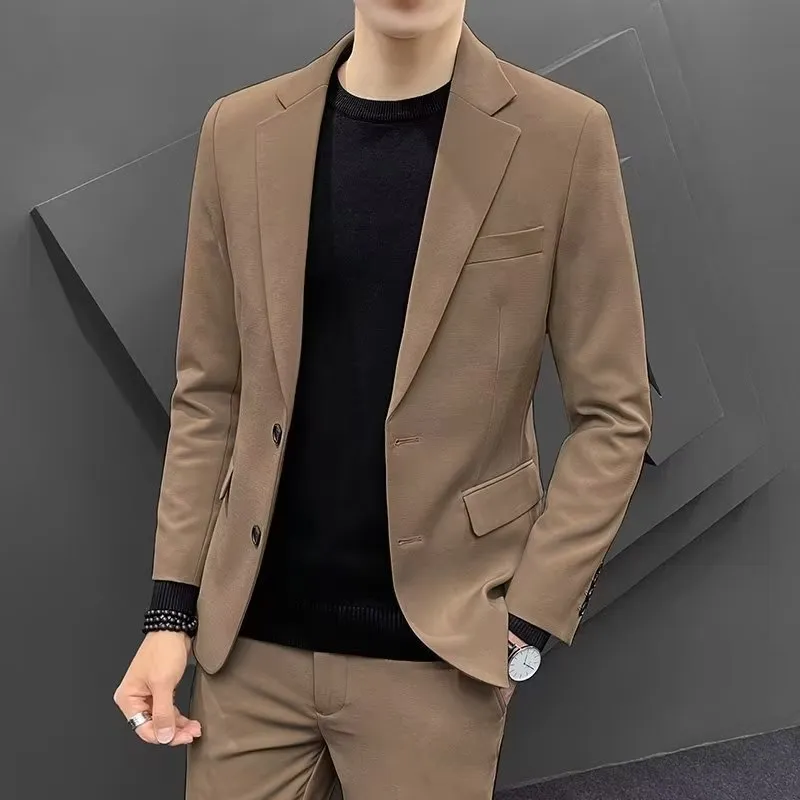 Korean slim business suit set with long-sleeve coat and trousers in black, slim fit polyester