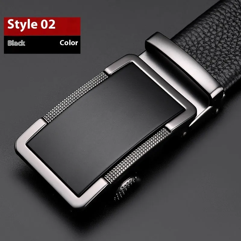 Men's automatic buckle leather belt in gun black, silver, or gold colour showing the alloy clasp and standard 2-4cm width.