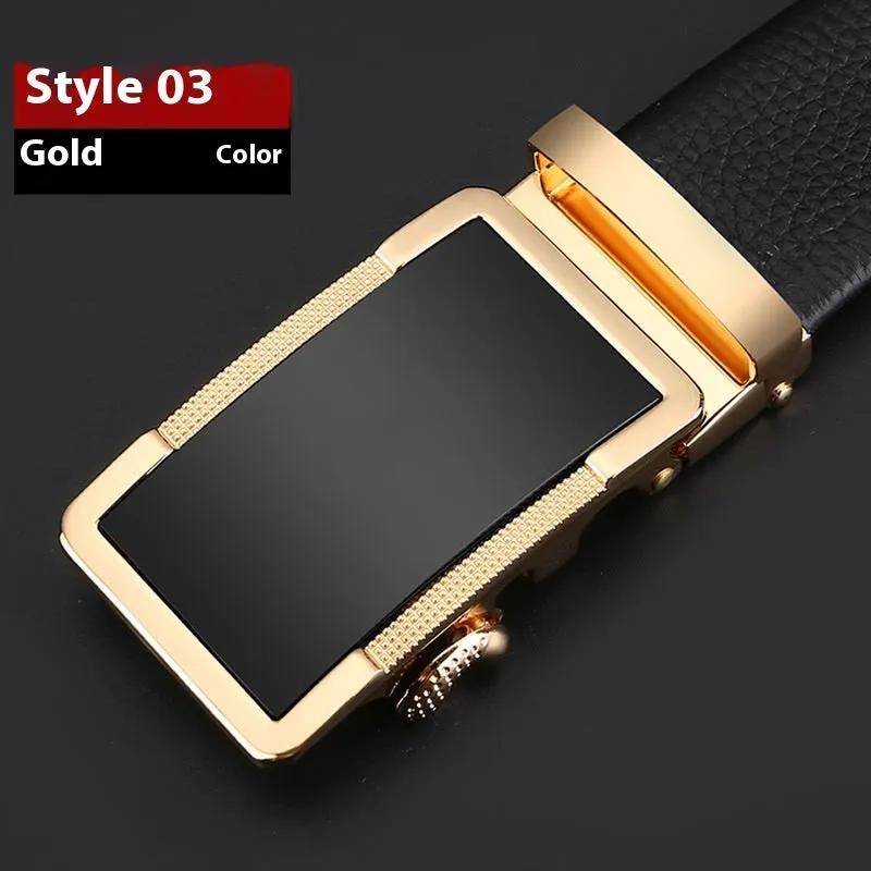 Men's automatic buckle leather belt in gun black, silver, or gold colour showing the alloy clasp and standard 2-4cm width.