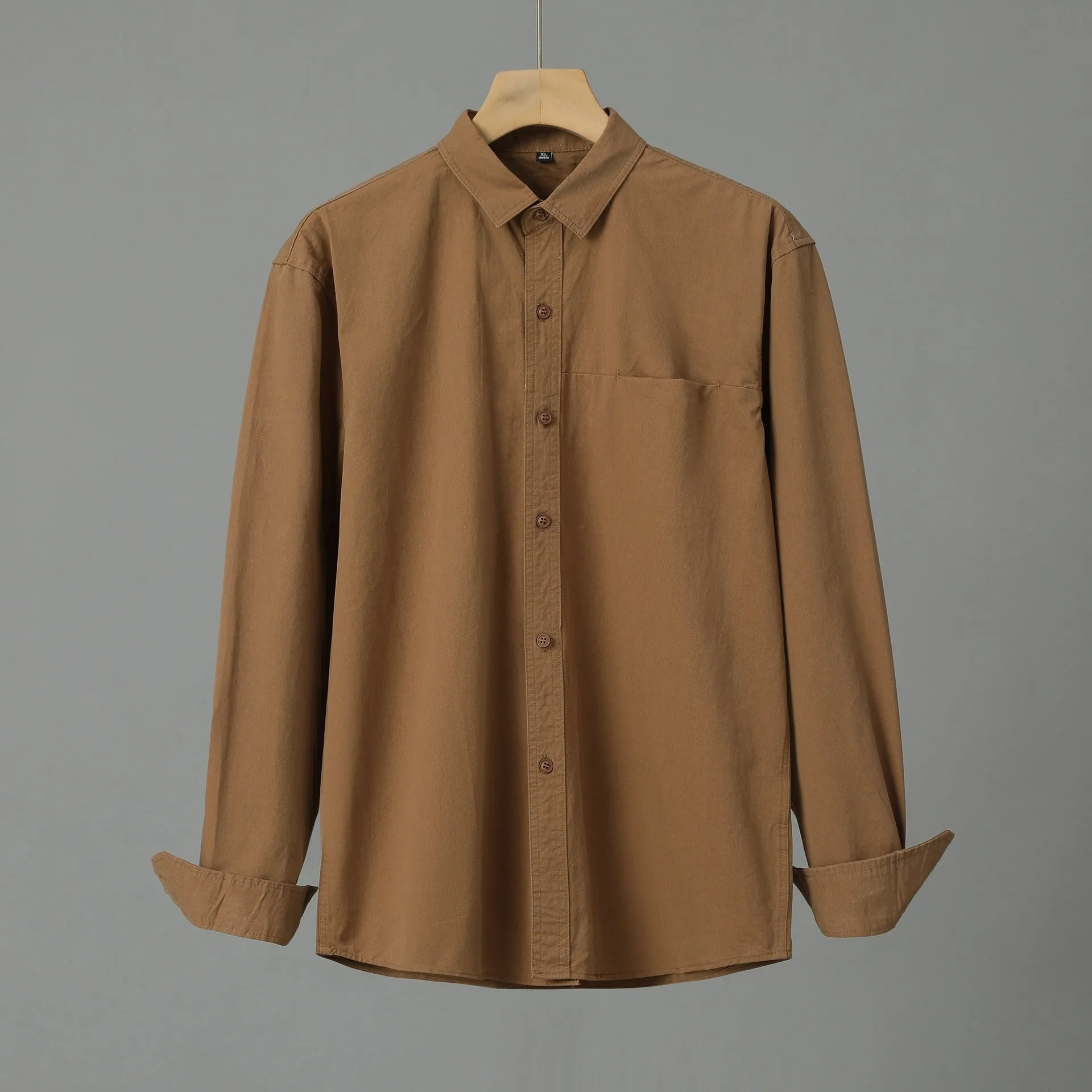 Men's purified cotton long sleeve cardigan shirt in solid colour, front view, available in multiple colours