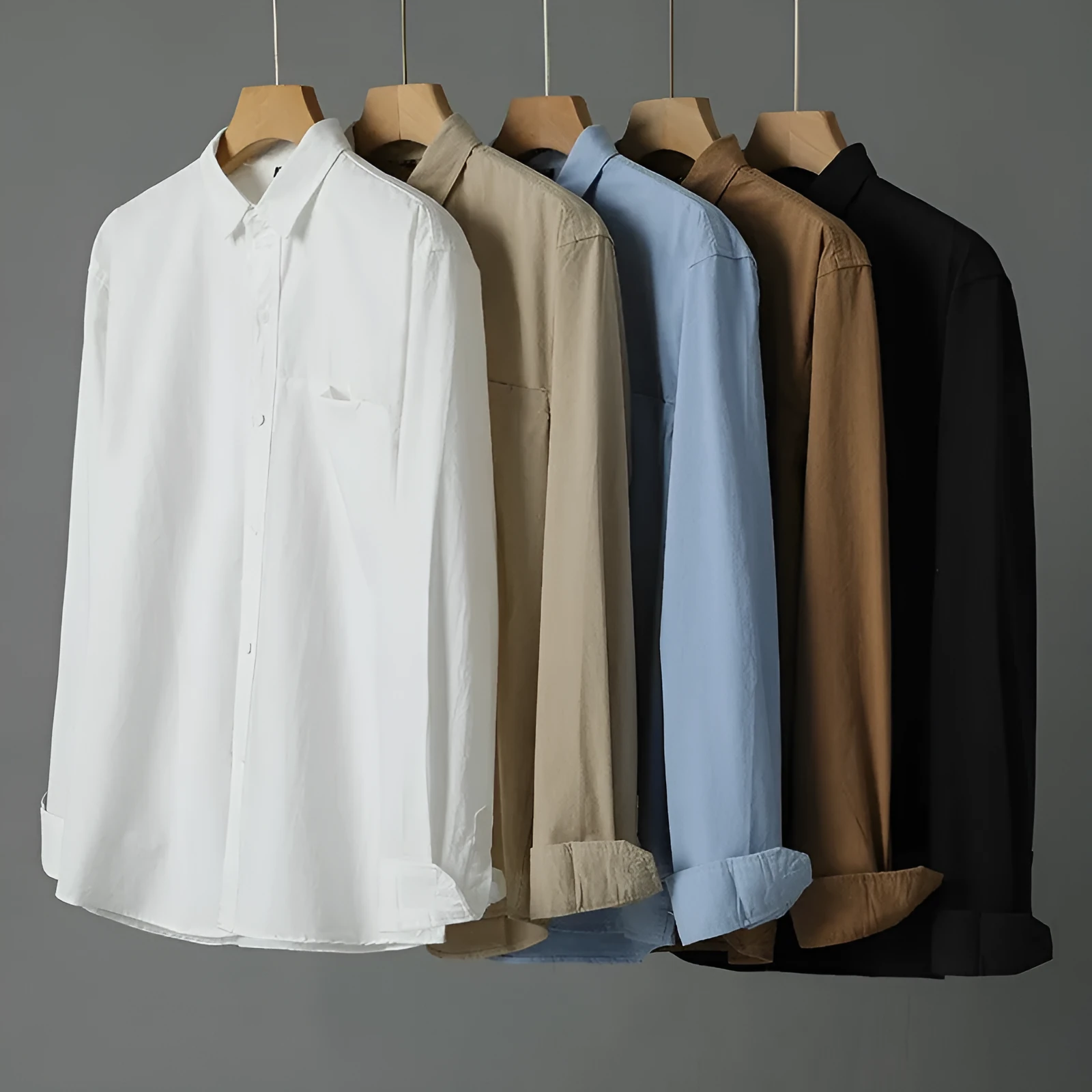 Men's purified cotton long sleeve cardigan shirt in solid colour, front view, available in multiple colours