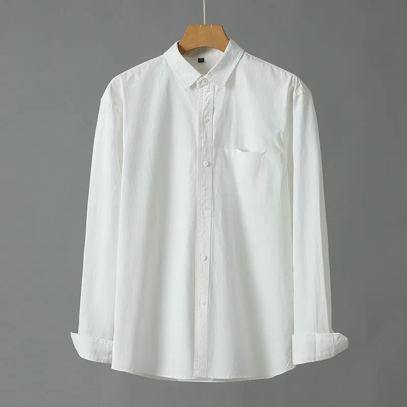 Men's purified cotton long sleeve cardigan shirt in solid colour, front view, available in multiple colours