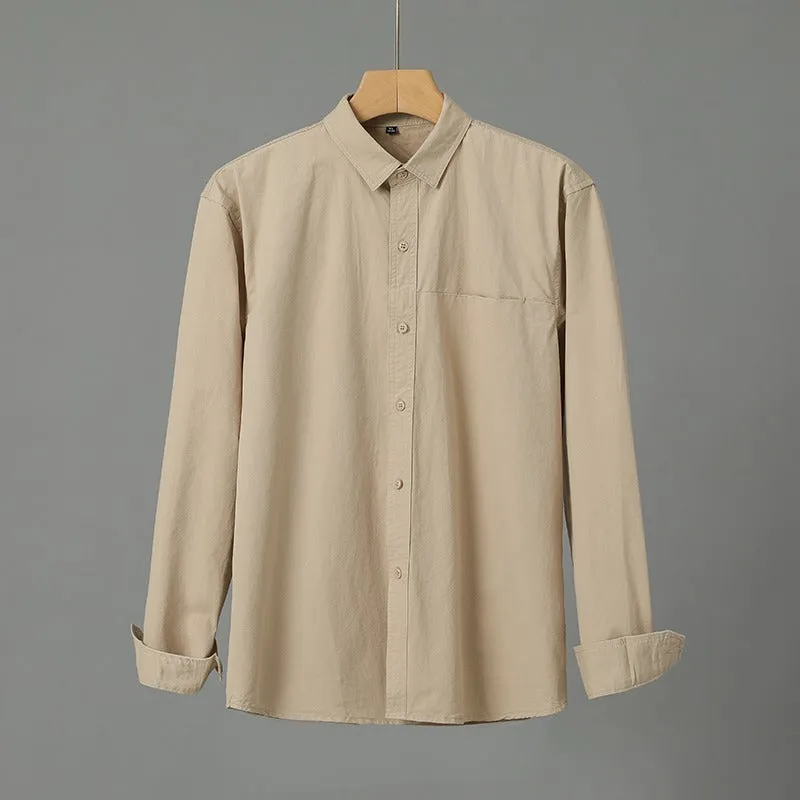 Men's purified cotton long sleeve cardigan shirt in solid colour, front view, available in multiple colours