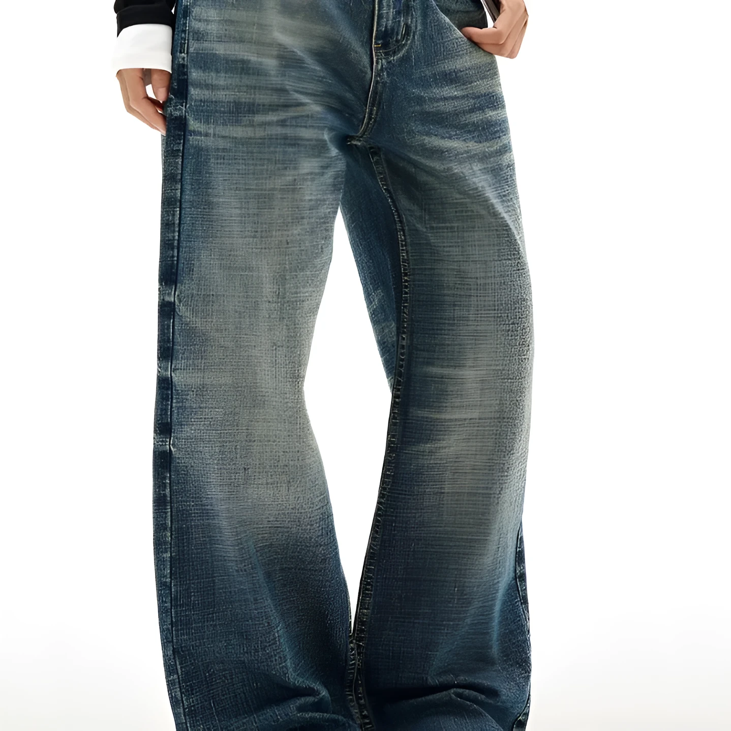 Men's wide leg jeans dark blue distressed cat beard straight loose cotton blend