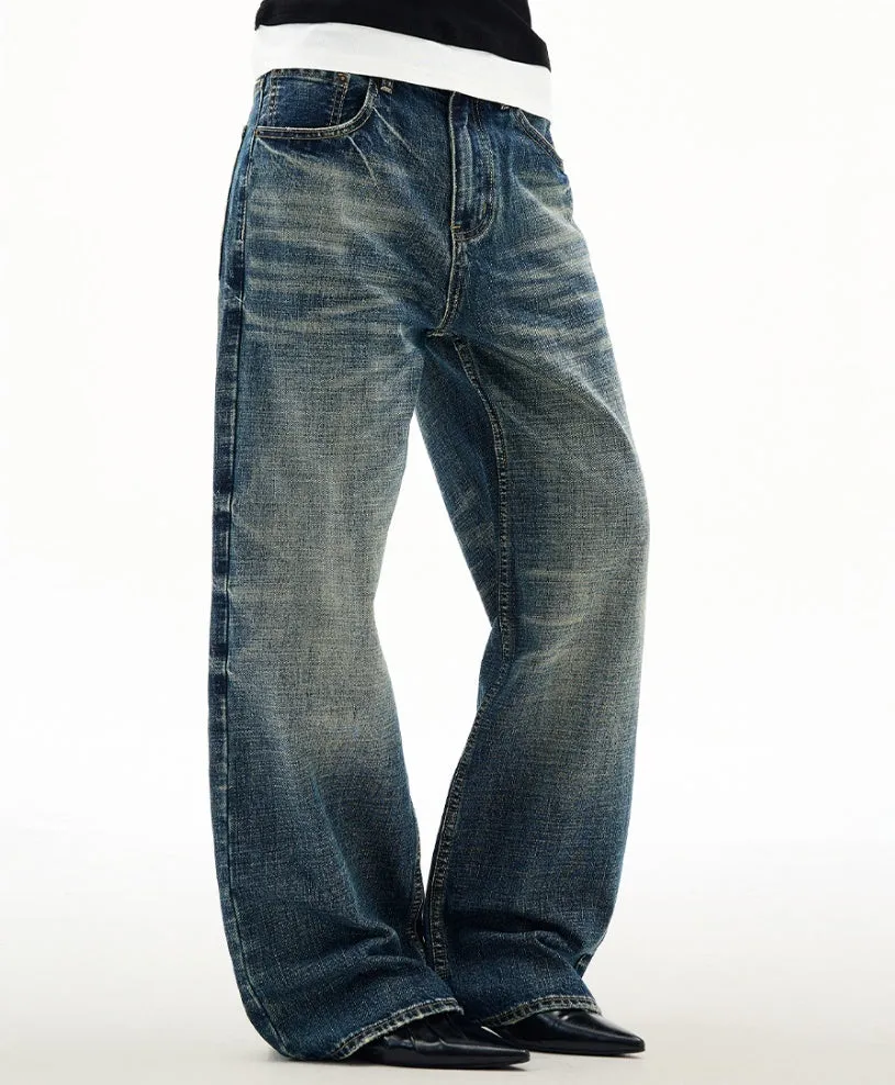 Men's wide leg jeans dark blue distressed cat beard straight loose cotton blend