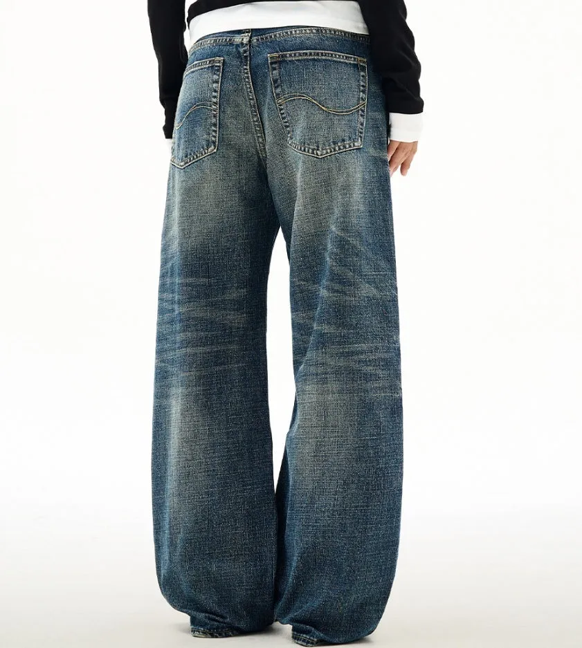 Men's wide leg jeans dark blue distressed cat beard straight loose cotton blend
