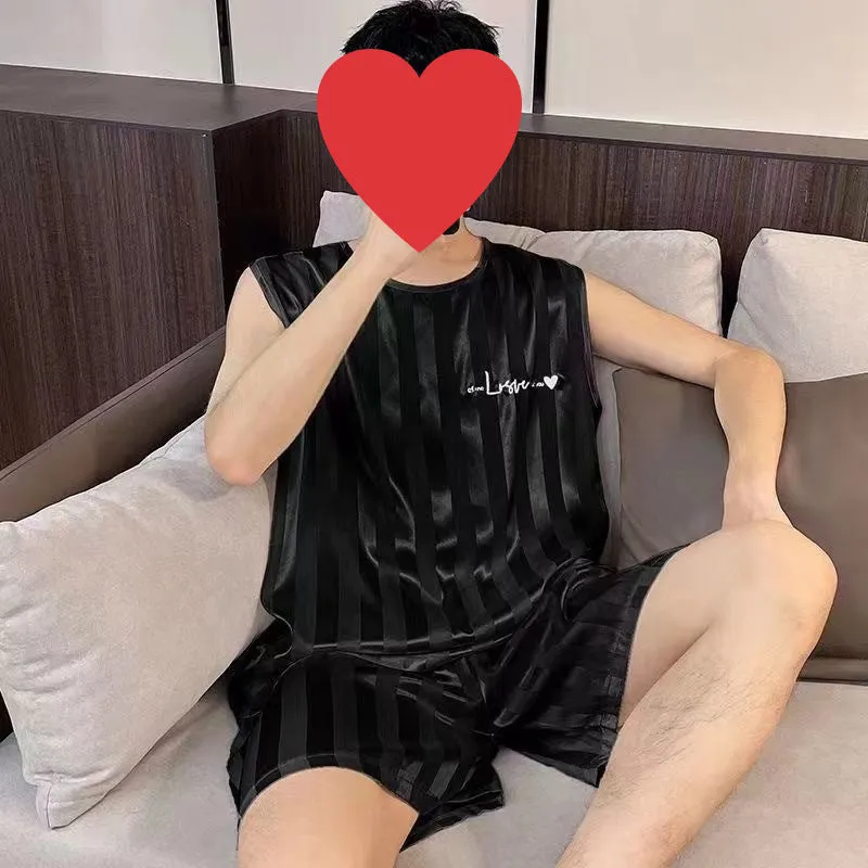 Men's ice silk vest and shorts pyjama set in white, black, and grey summer sleepwear