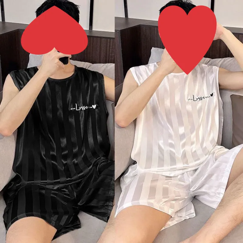 Men's ice silk vest and shorts pyjama set in white, black, and grey summer sleepwear