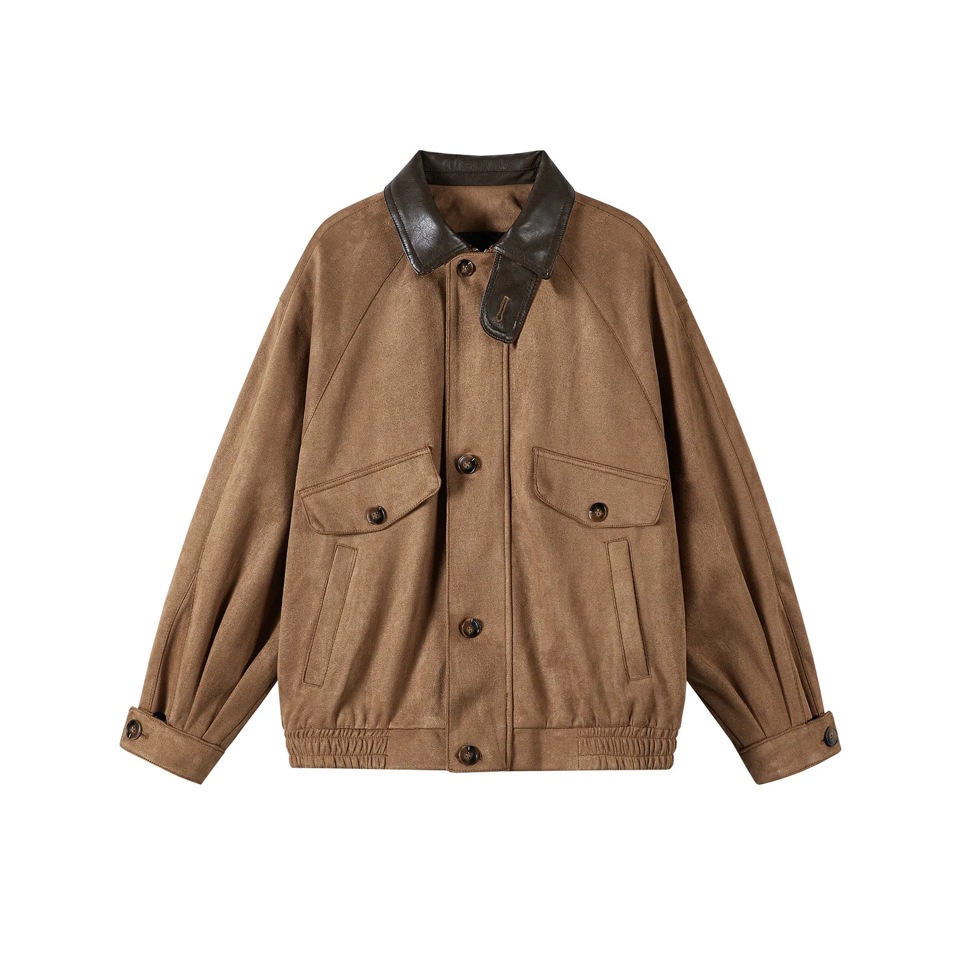 Men's retro suede stitching tooling polo collar jacket in black, long sleeve, no hood, front view