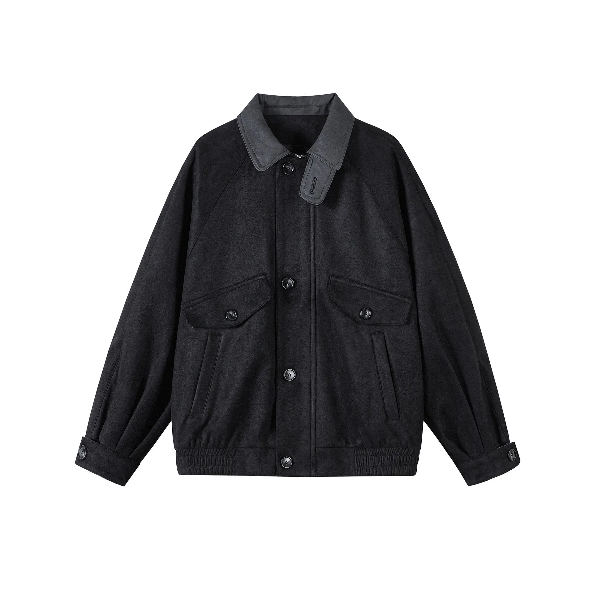 Men's retro suede stitching tooling polo collar jacket in black, long sleeve, no hood, front view