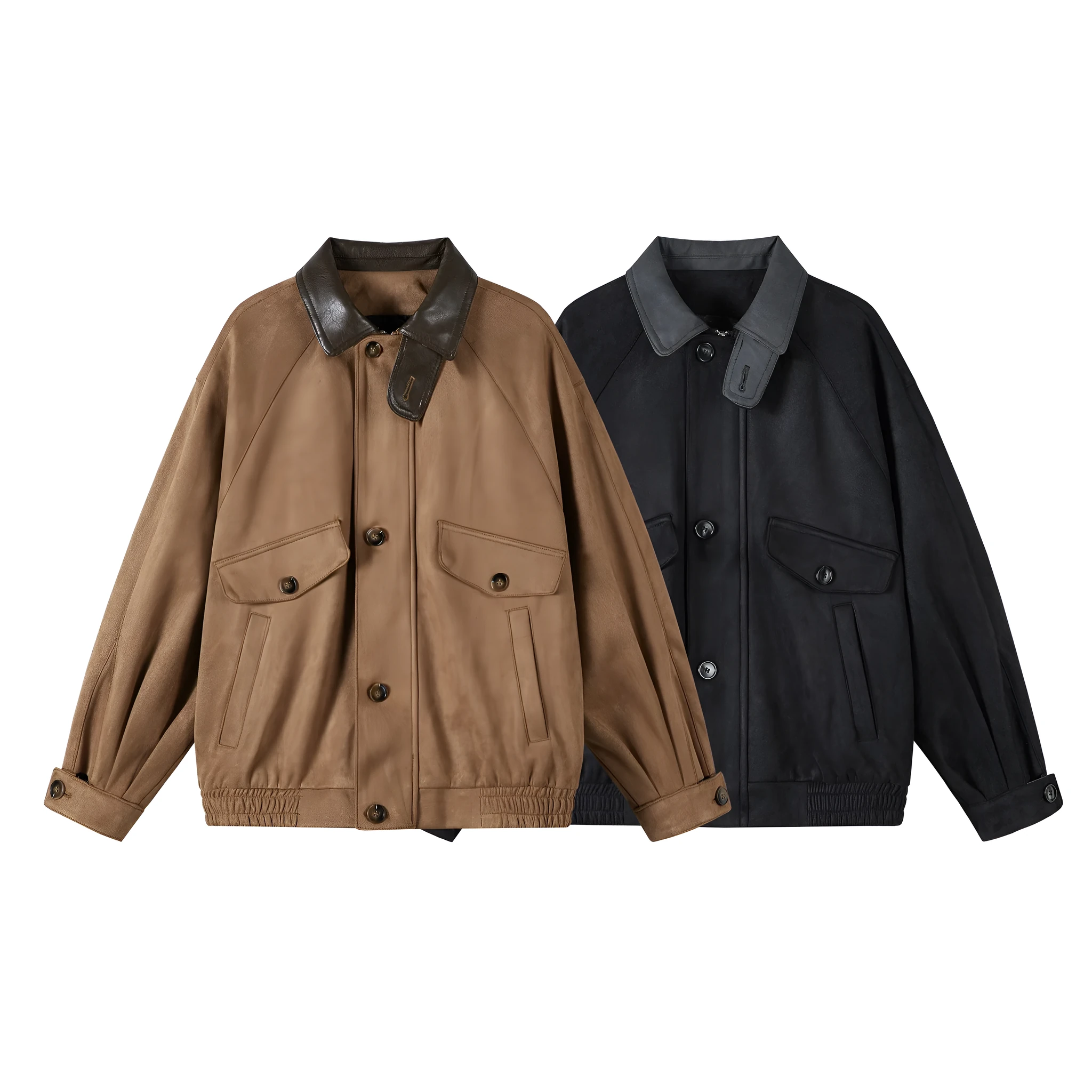 Men's retro suede stitching tooling polo collar jacket in black, long sleeve, no hood, front view