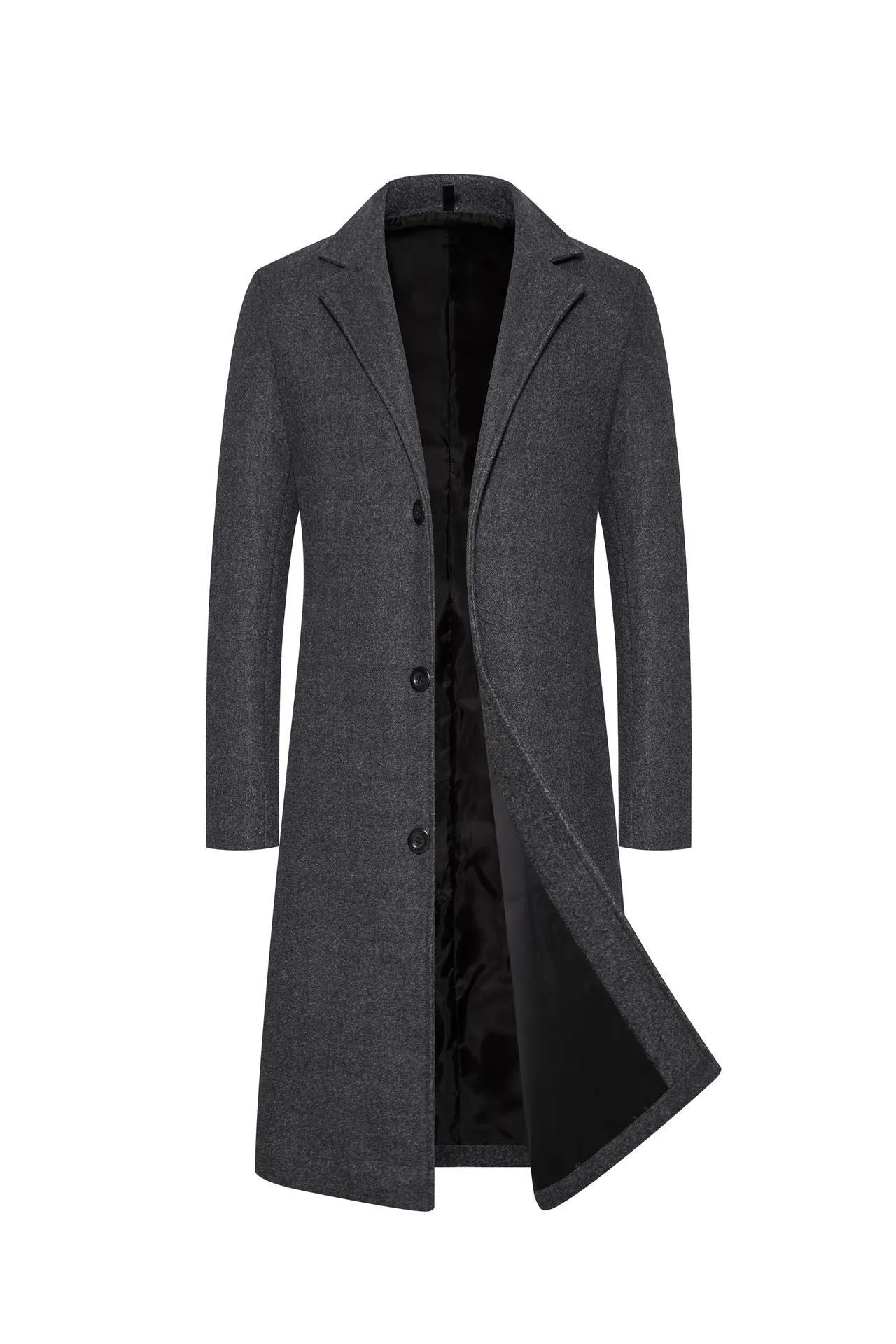 Men's wool-blend mid-length trench coat in camel, solid colour, slim fit, shown on a hanger