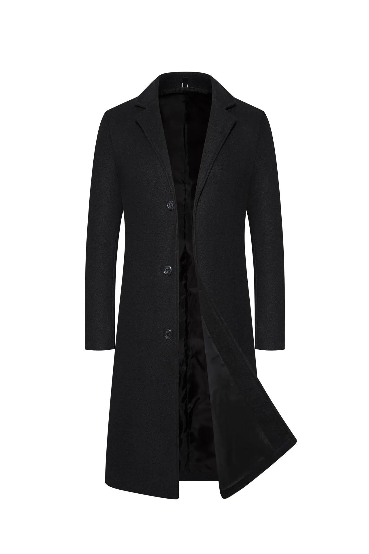 Men's wool-blend mid-length trench coat in camel, solid colour, slim fit, shown on a hanger