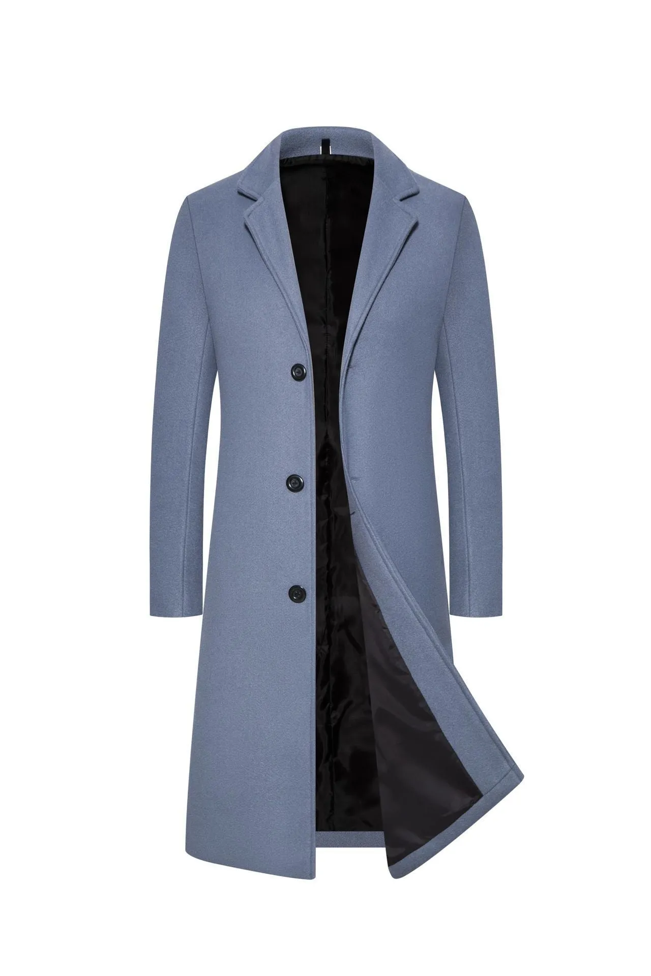 Men's wool-blend mid-length trench coat in camel, solid colour, slim fit, shown on a hanger