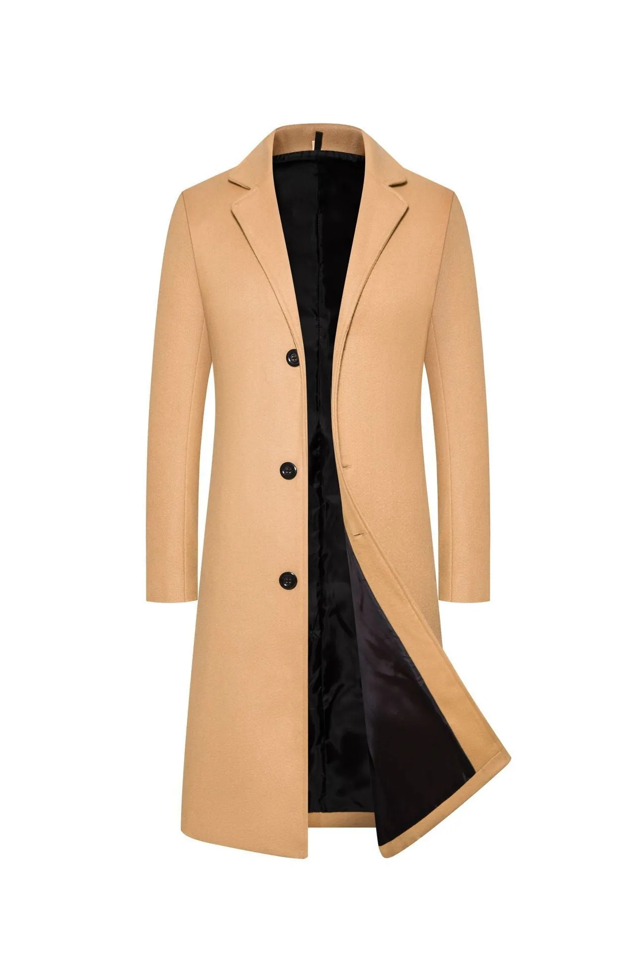 Men's wool-blend mid-length trench coat in camel, solid colour, slim fit, shown on a hanger