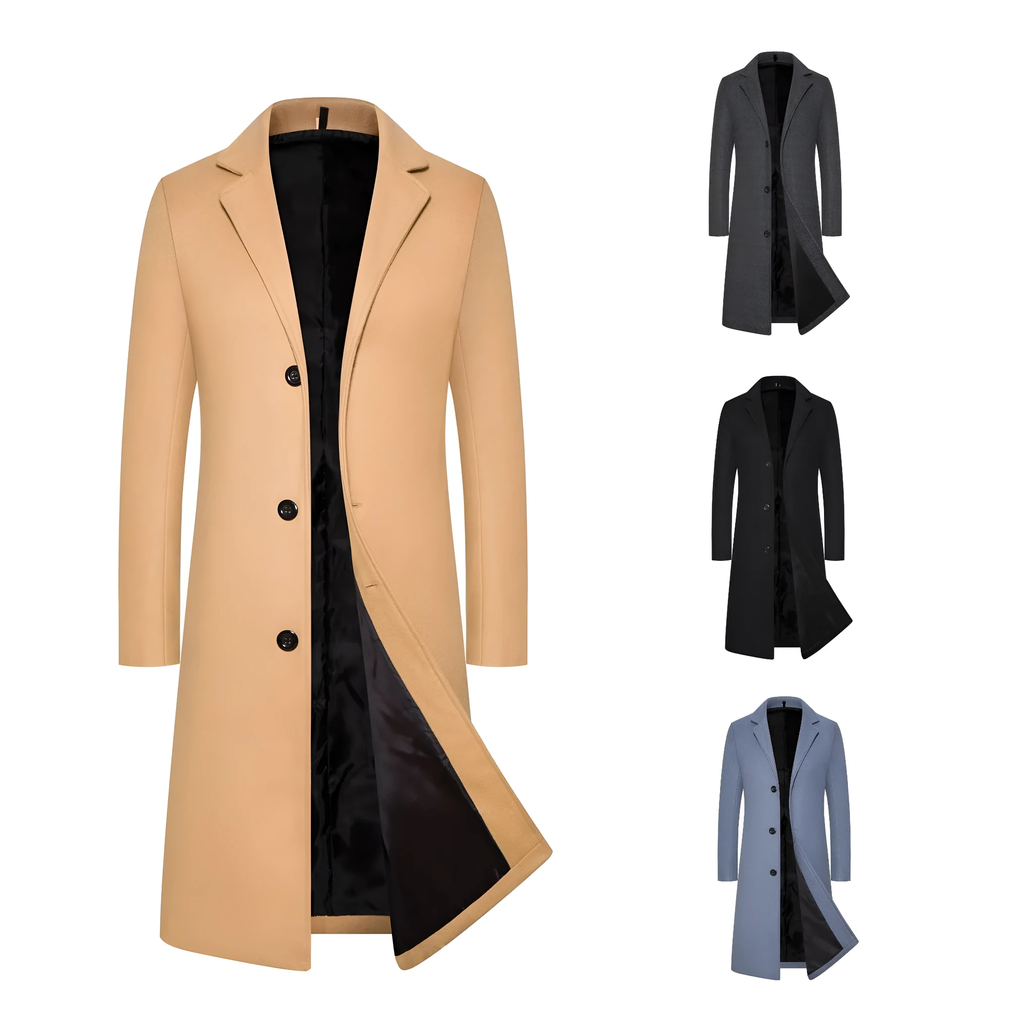 Men's wool-blend mid-length trench coat in camel, solid colour, slim fit, shown on a hanger