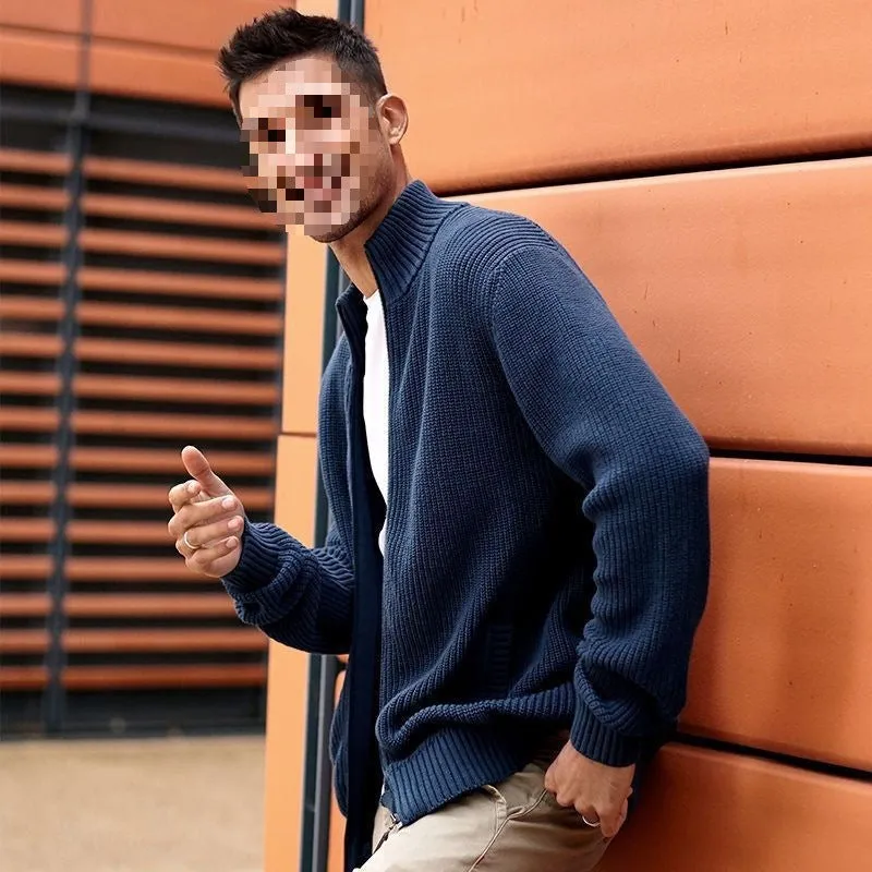 Men's half-high collar batwing sleeve cardigan in sapphire blue, slim fit spandex blend jacket