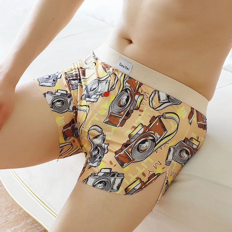 Thin breathable 4XL boxer shorts in graffiti pattern with polyester fabric, seamless design, mid waist, available in leaf green colour