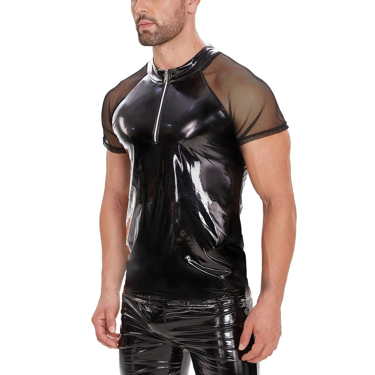 Men's black PVC mirror polished leather jacket, slim-fit, short-sleeved, with spandex lining, model view