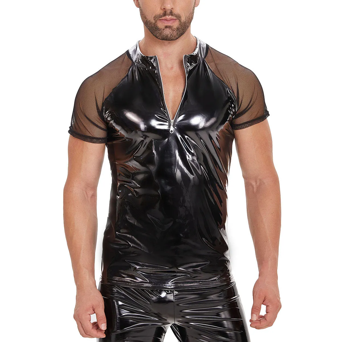 Men's black PVC mirror polished leather jacket, slim-fit, short-sleeved, with spandex lining, model view