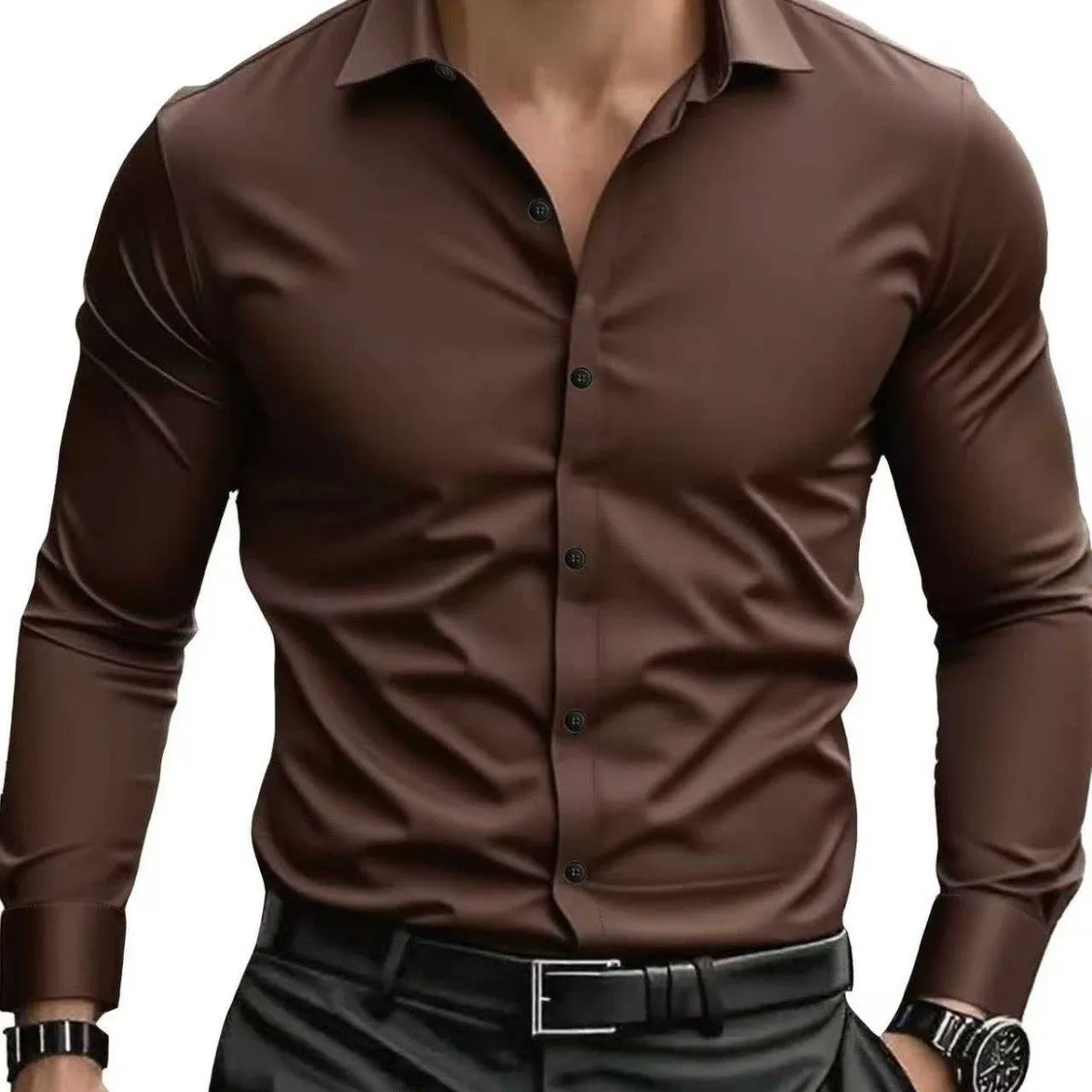 Men's coffee brown long sleeve cardigan inner wear shirt with four-sided elastic fabric shown flat