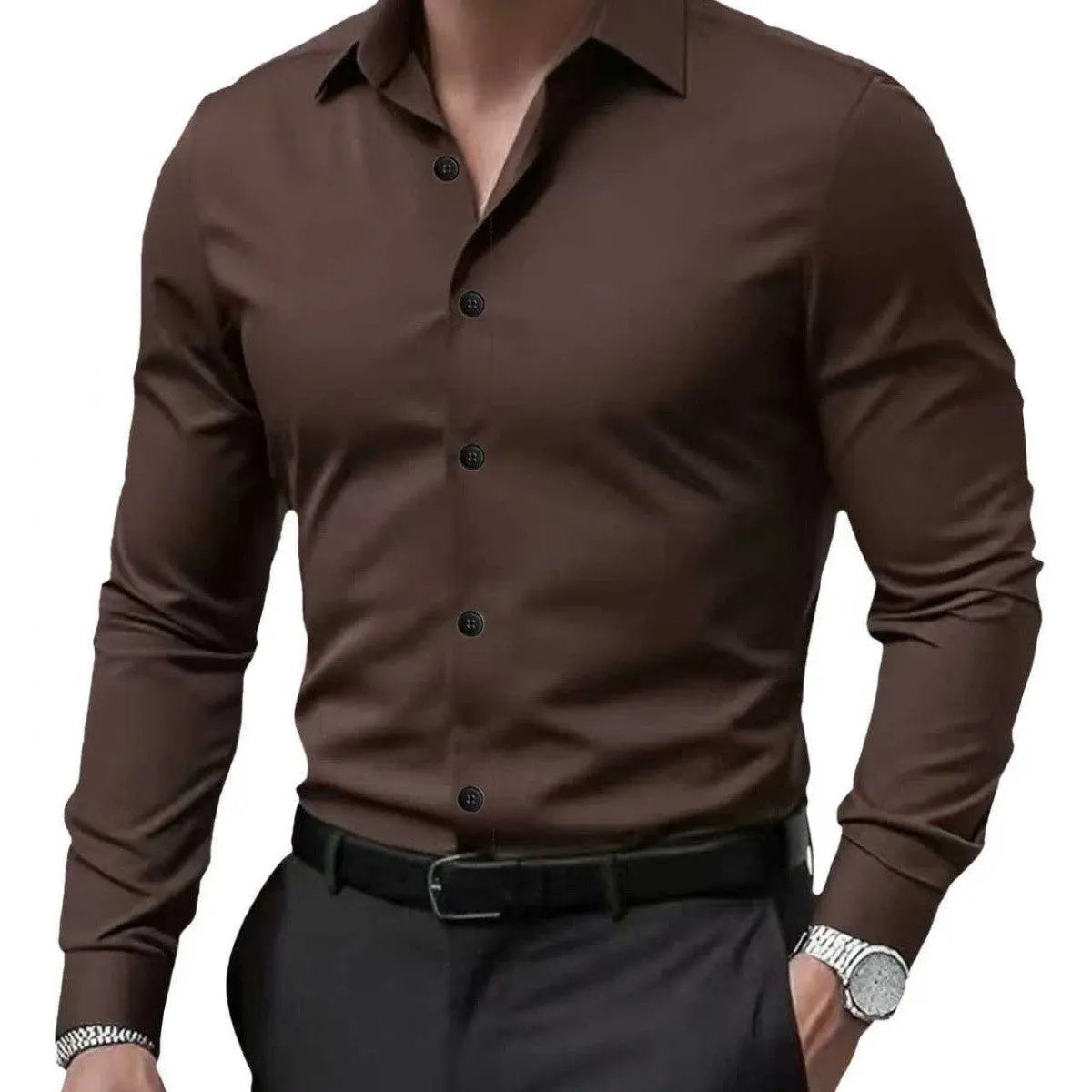 Men's coffee brown long sleeve cardigan inner wear shirt with four-sided elastic fabric shown flat