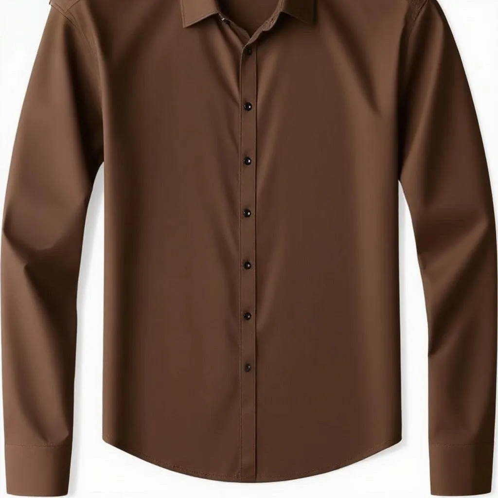 Men's coffee brown long sleeve cardigan inner wear shirt with four-sided elastic fabric shown flat