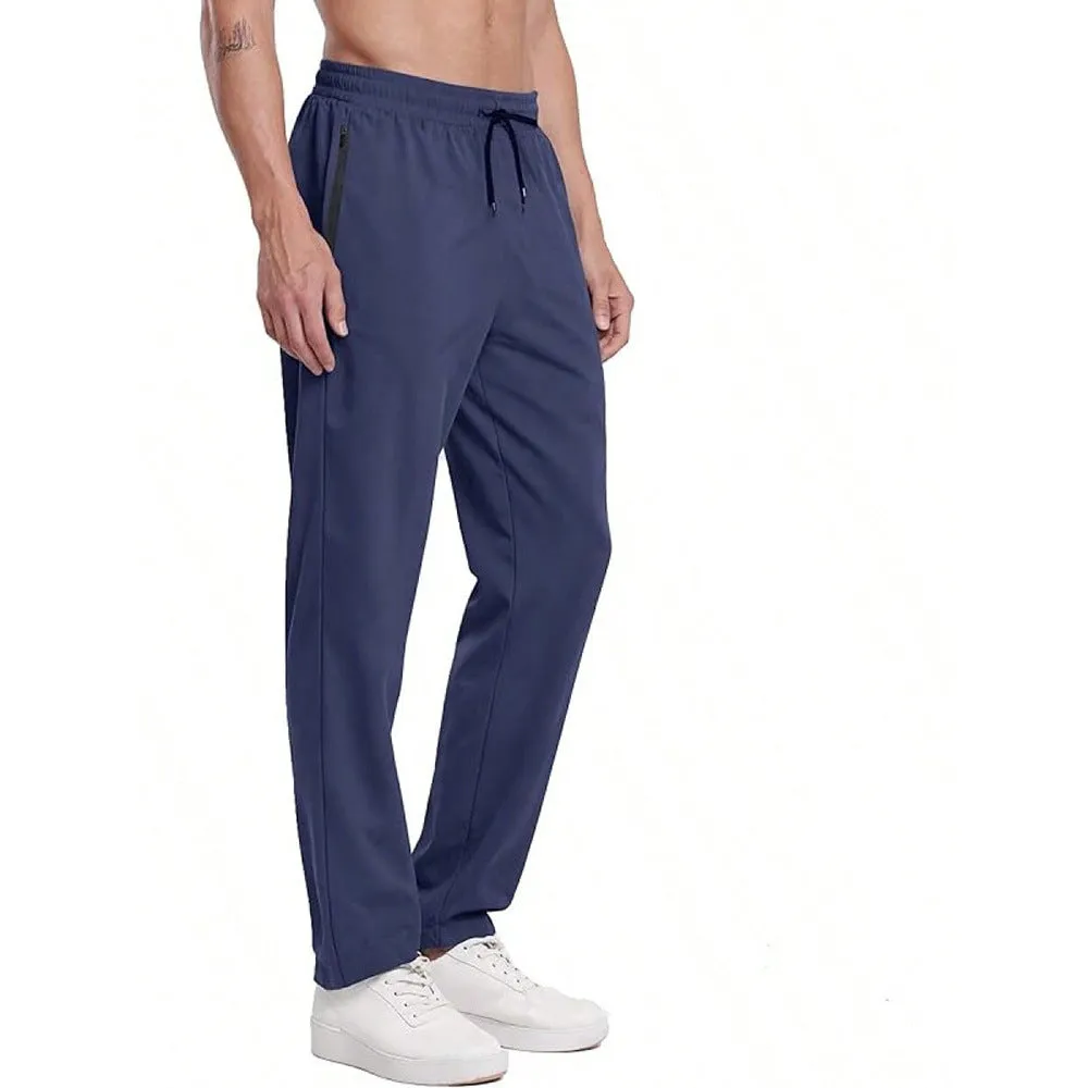 Men's loose lace-up elastic waist casual pants in polyester, available in multiple colours including black and blue