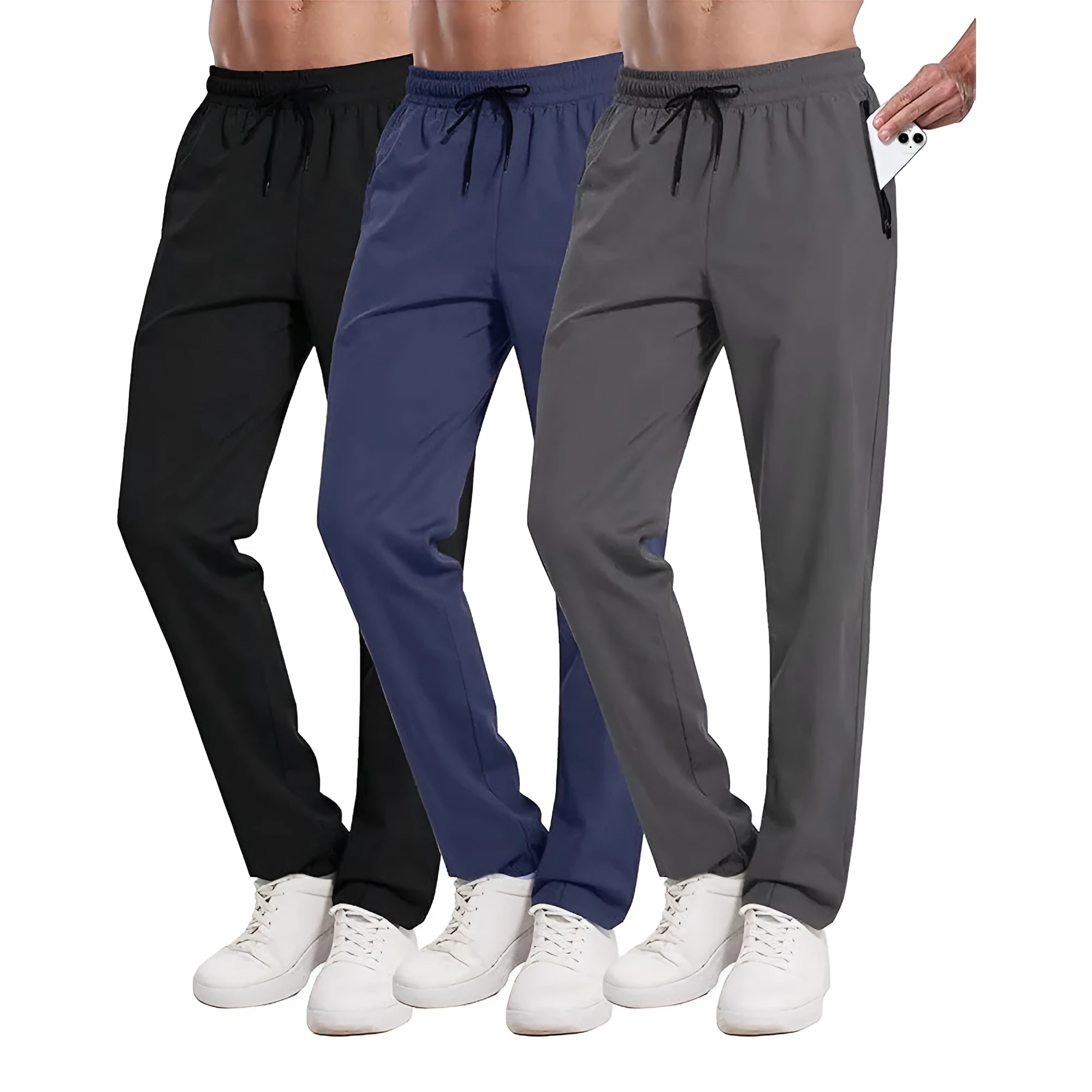 Men's loose lace-up elastic waist casual pants in polyester, available in multiple colours including black and blue