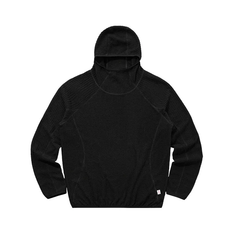Men's loose fit polyester fibre hoodie in ink black with raglan sleeves and patch pocket