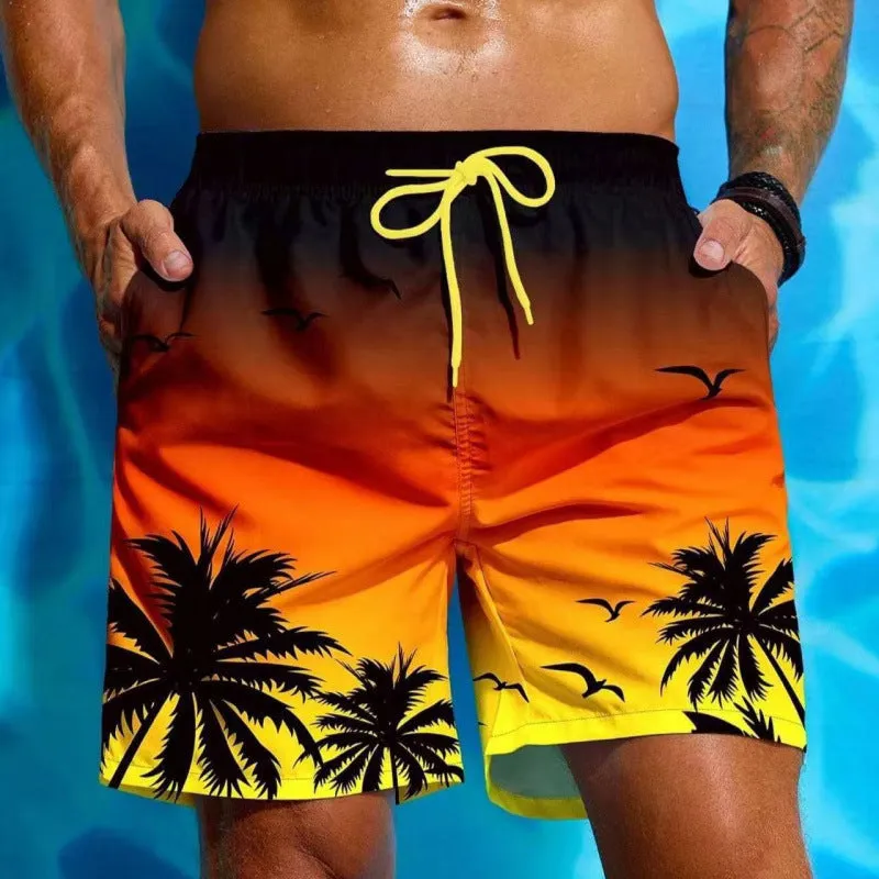 Man wearing ethnic pattern loose board swim shorts in polyester fabric by the pool.