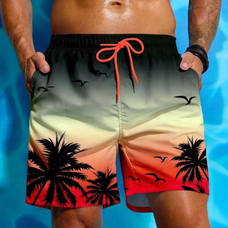Man wearing ethnic pattern loose board swim shorts in polyester fabric by the pool.