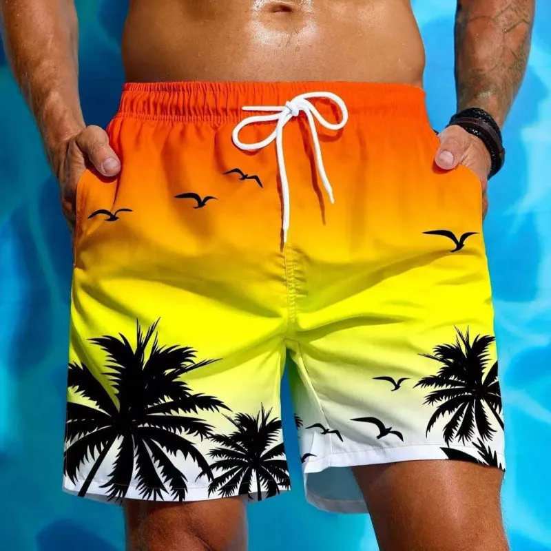 Man wearing ethnic pattern loose board swim shorts in polyester fabric by the pool.