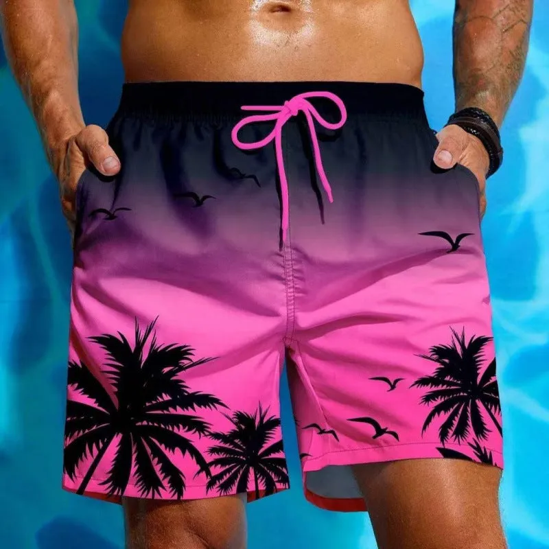 Man wearing ethnic pattern loose board swim shorts in polyester fabric by the pool.