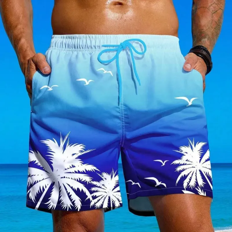 Man wearing ethnic pattern loose board swim shorts in polyester fabric by the pool.