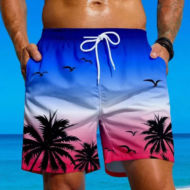 Man wearing ethnic pattern loose board swim shorts in polyester fabric by the pool.