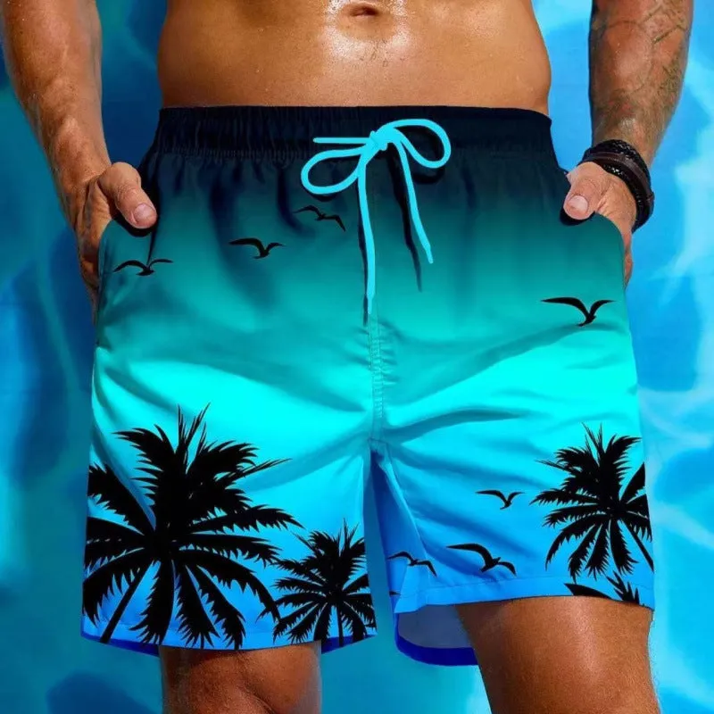 Man wearing ethnic pattern loose board swim shorts in polyester fabric by the pool.