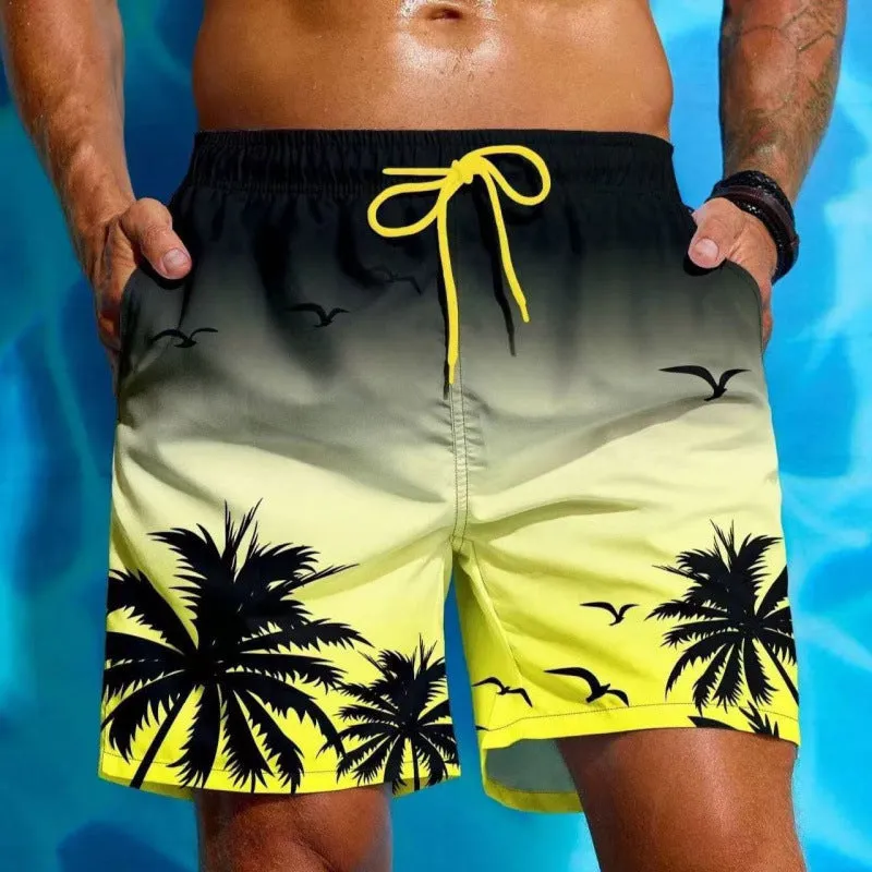 Man wearing ethnic pattern loose board swim shorts in polyester fabric by the pool.